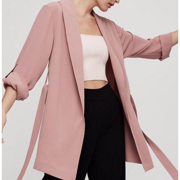 Babaton XS Blue White Pinstripe Kahlo Tie Robe Jacket Coat Aritzia Blazer Pocket - Picture 8 of 9